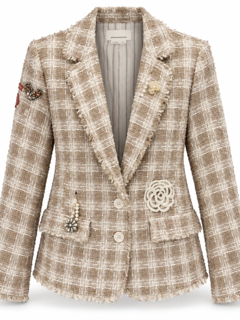 Anthropologie Tweed Appliqué Blazer XS Embellished Pearl Fringe Jacket